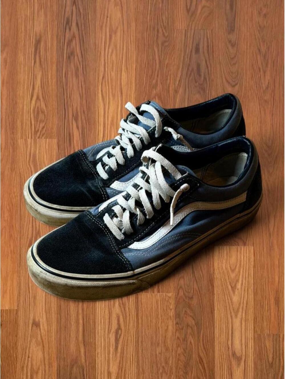 Vans Old Skool Skate Shoes Black Navy Blue Canvas Sneakers Mens Size 9 Low Top